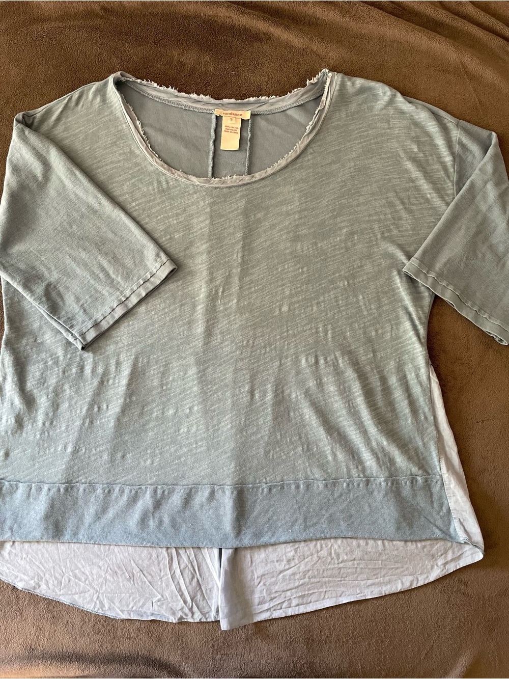 SUNDANCE Light Skyblue Mixed Media Button Back Women's Loose Fit Top Size S
